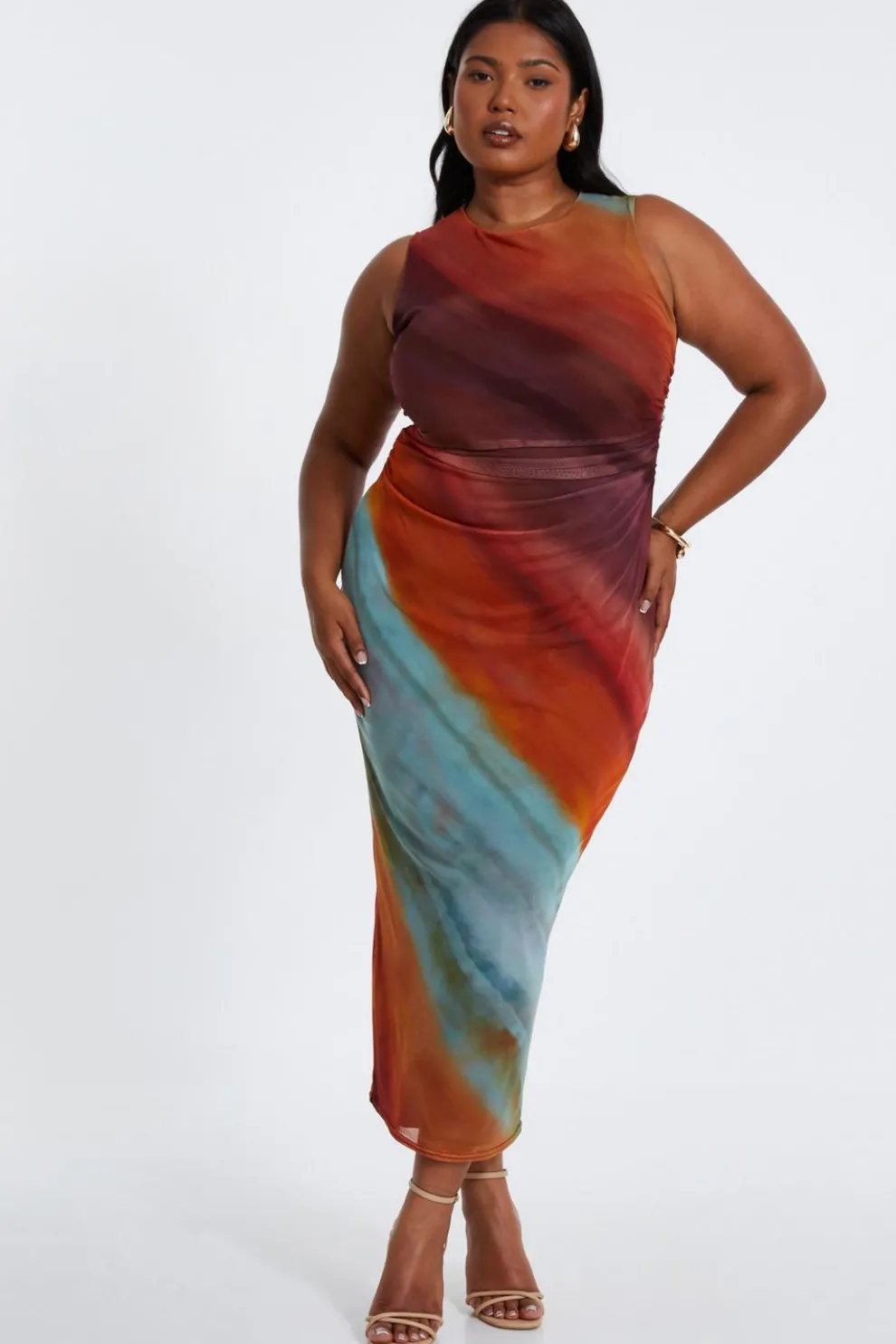 Curve Orange Ombre Print Ruched Midaxi Dress