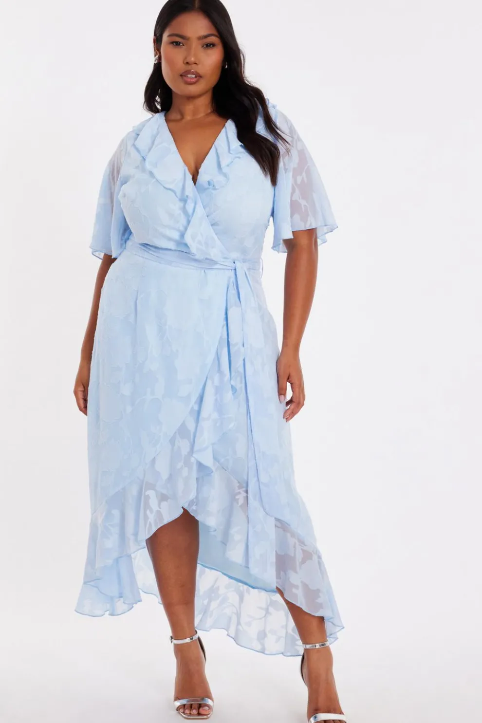 Curve Pale Blue Jacquard Frill Midaxi Dress