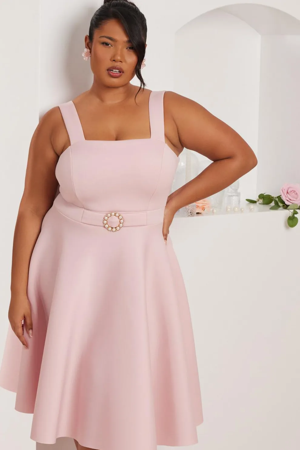 Curve Pink Belted Skater Dress