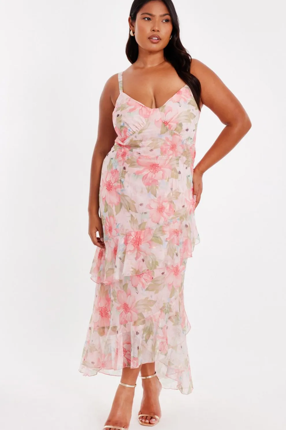 Curve Pink Floral Chiffon Midaxi Dress
