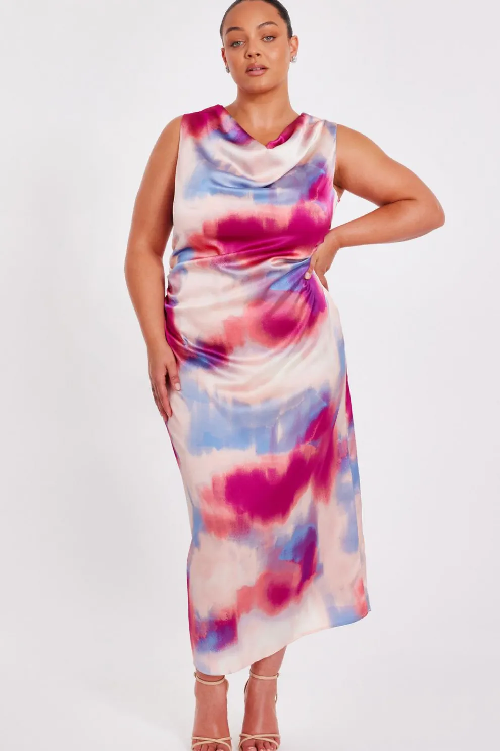 Curve Pink Satin Tie Dye Midi Dress