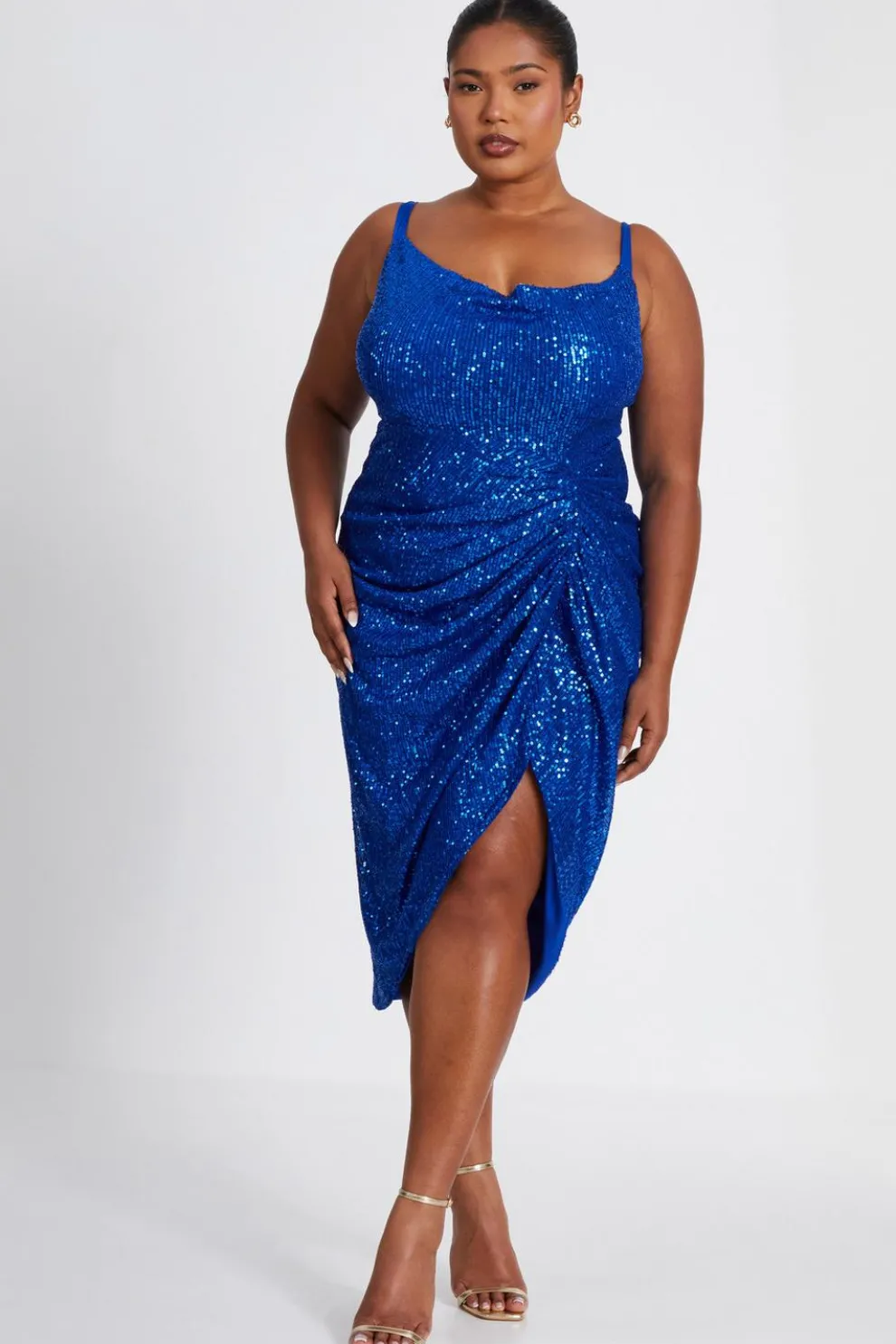Curve Royal Blue Sequin Ruched Midi Dress