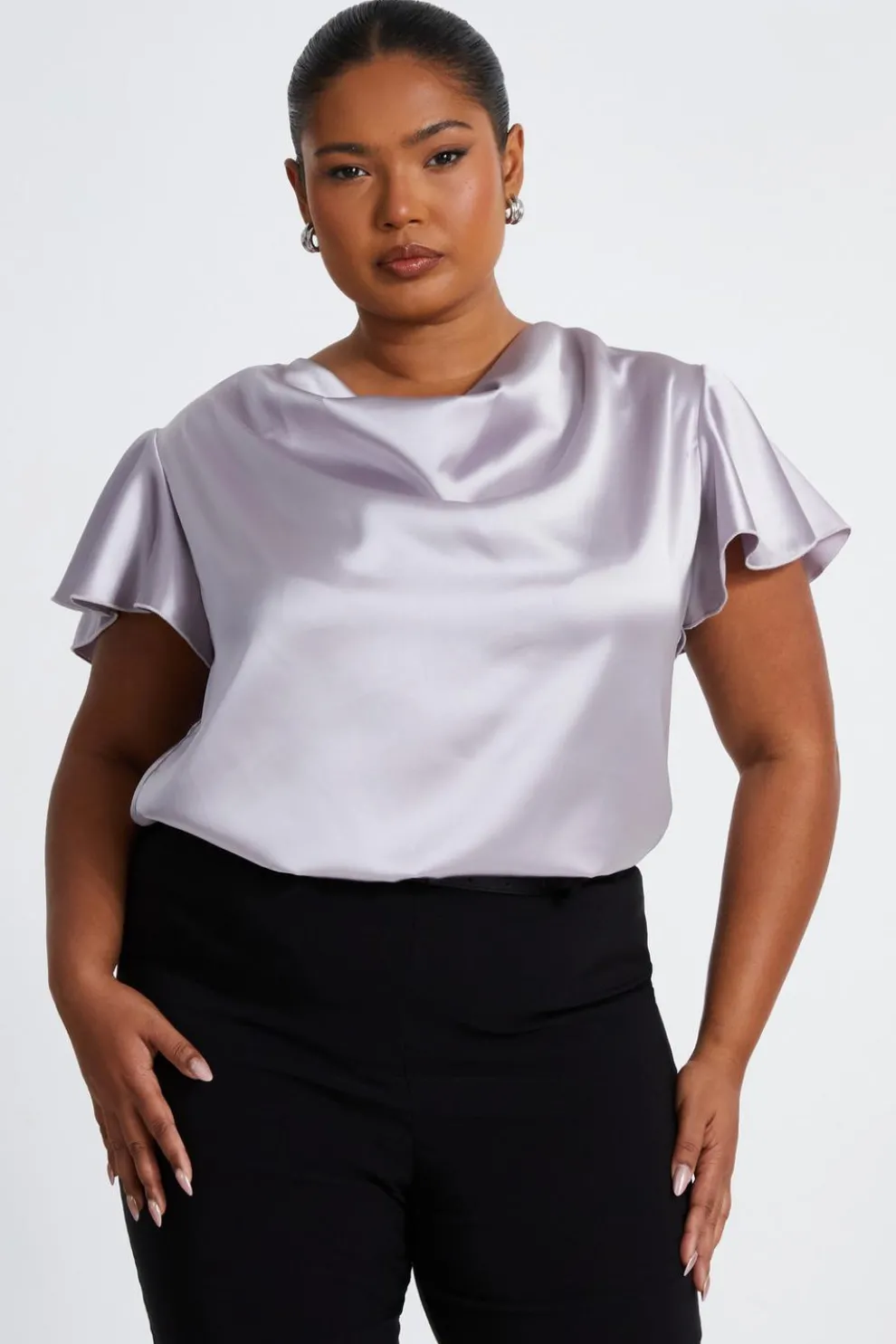 Curve Silver Satin Cowl Neck Top