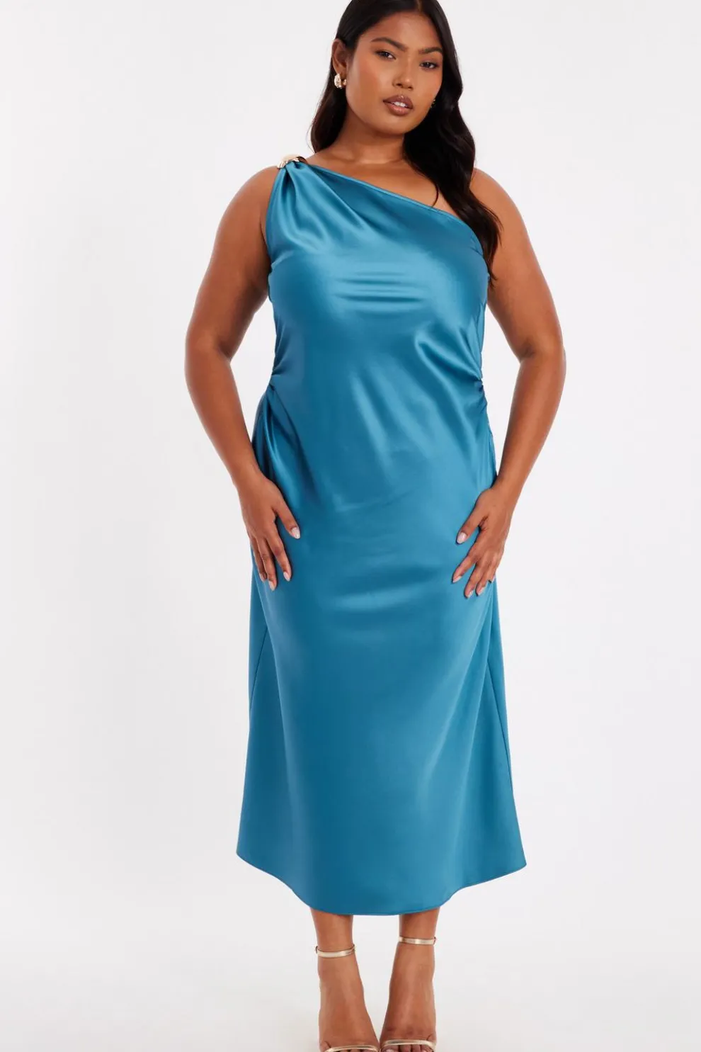 Curve Teal Satin One Shoulder Midaxi Dress