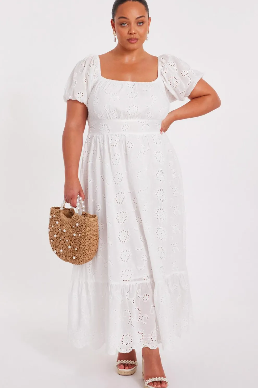 Curve White Embroidered Midi Dress