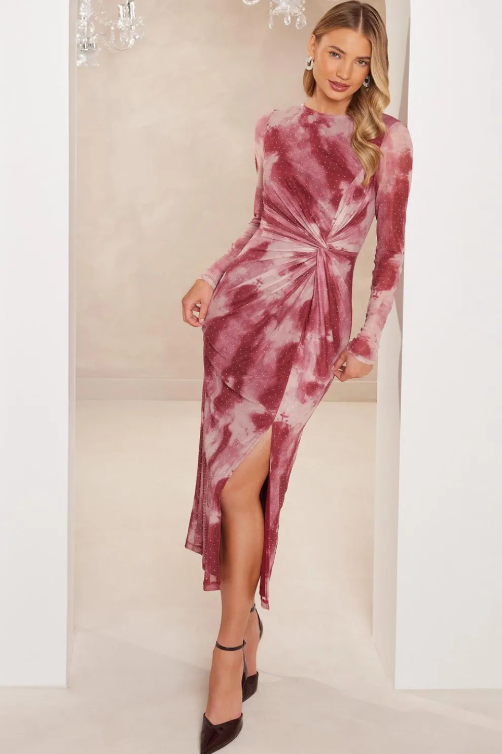 Dark Pink Marble Print Midaxi Dress