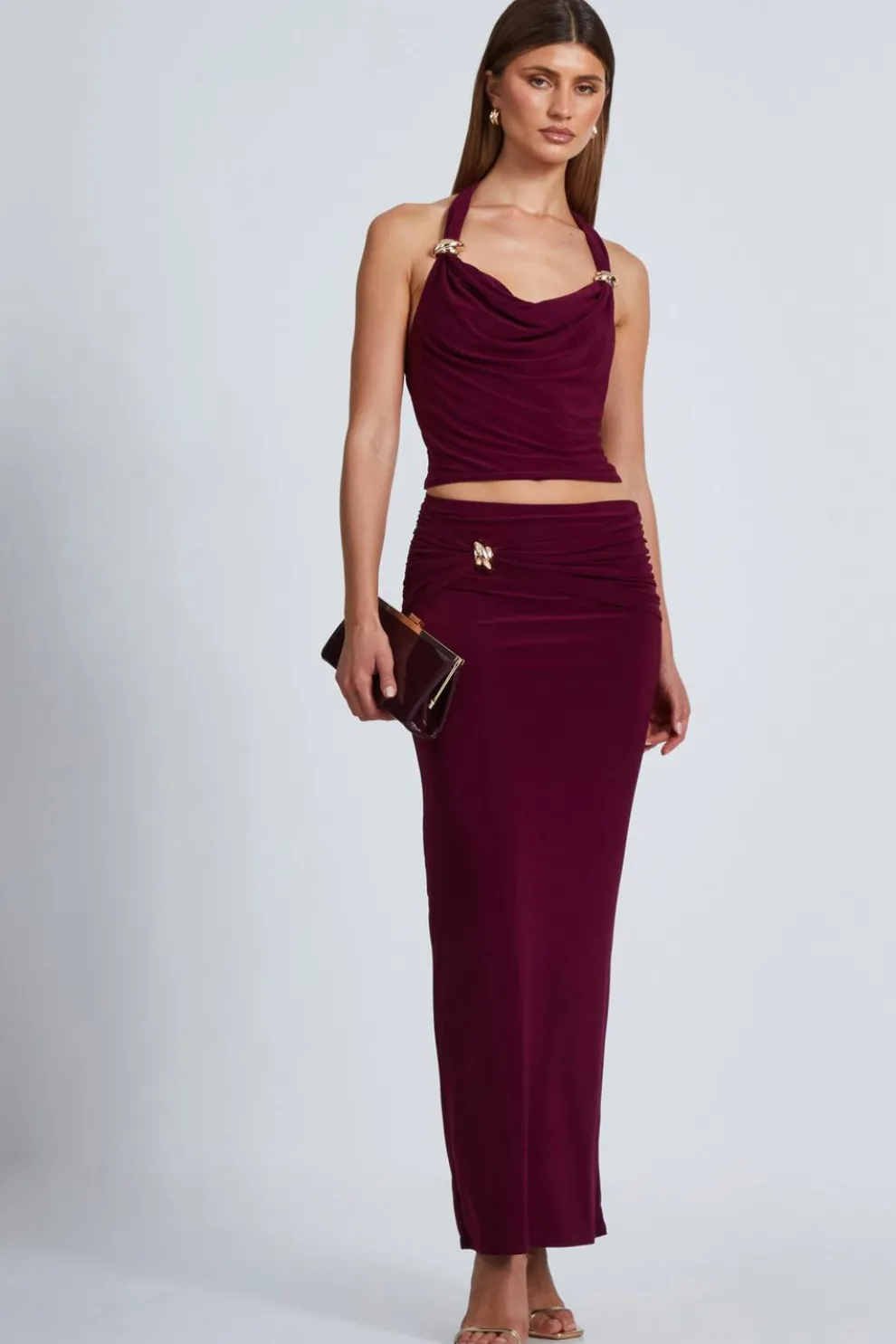 Dark Red Buckle Detail Maxi Skirt