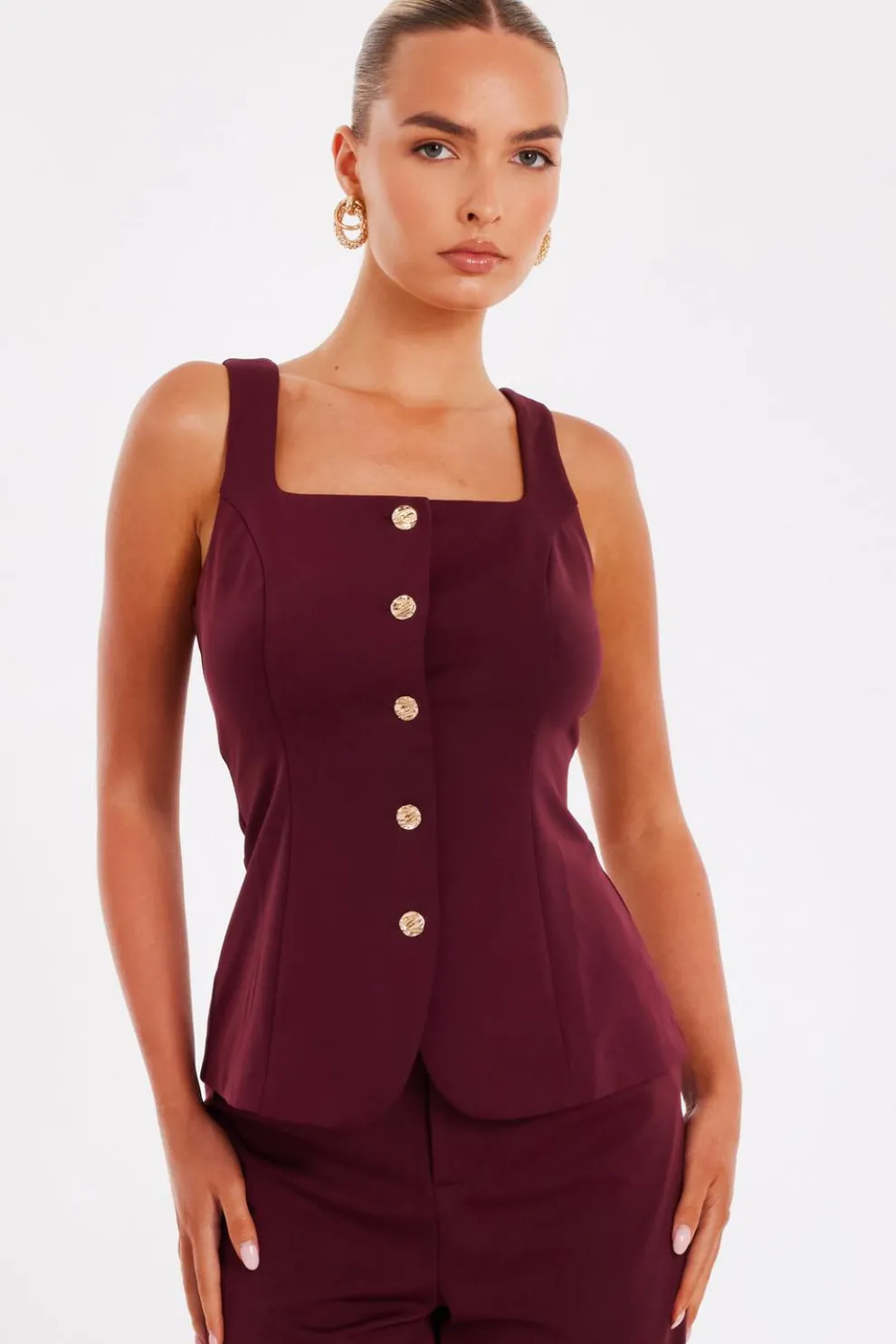 Dark Red Button Front Waistcoat