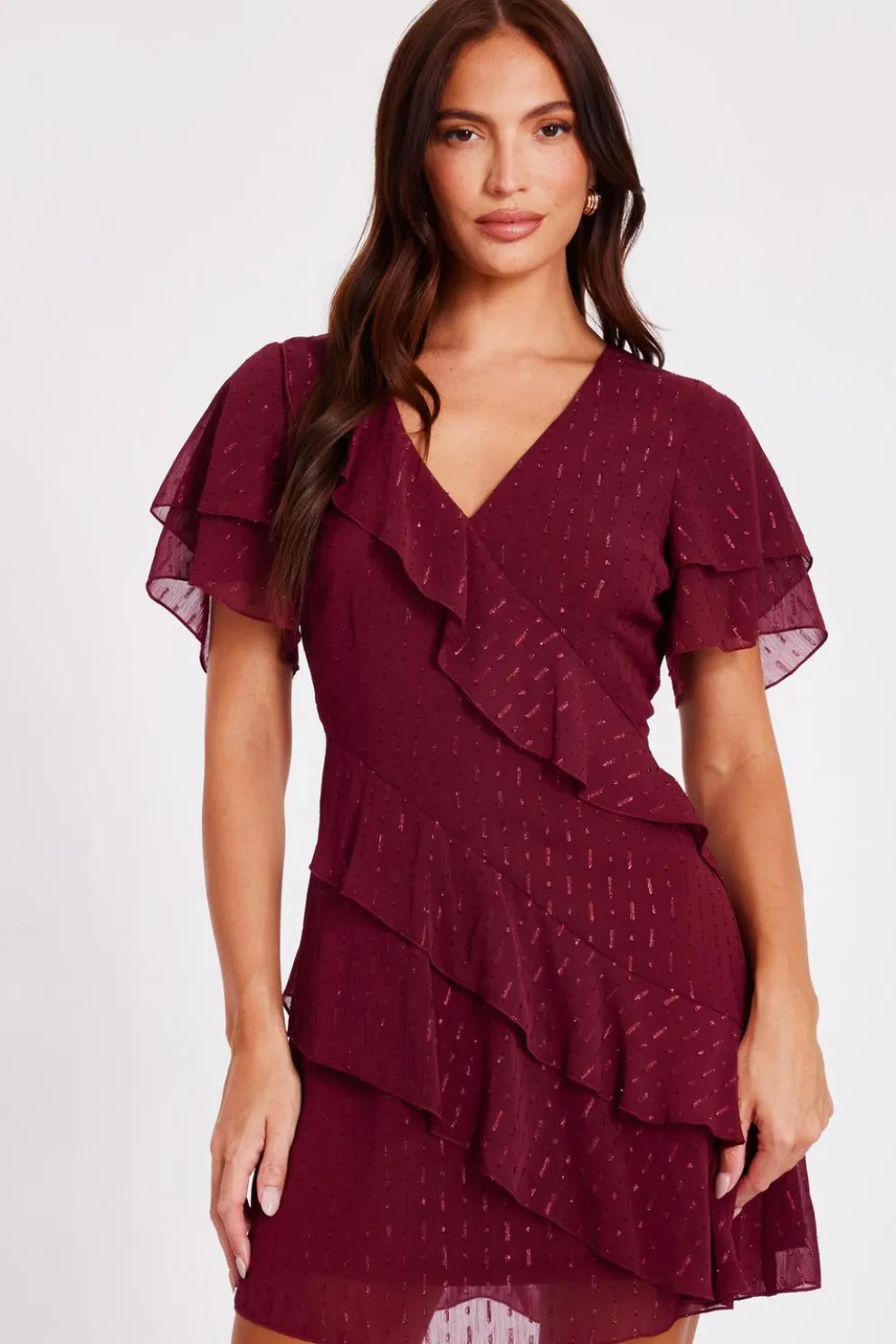 Dark Red Chiffon Ruffle Mini Dress