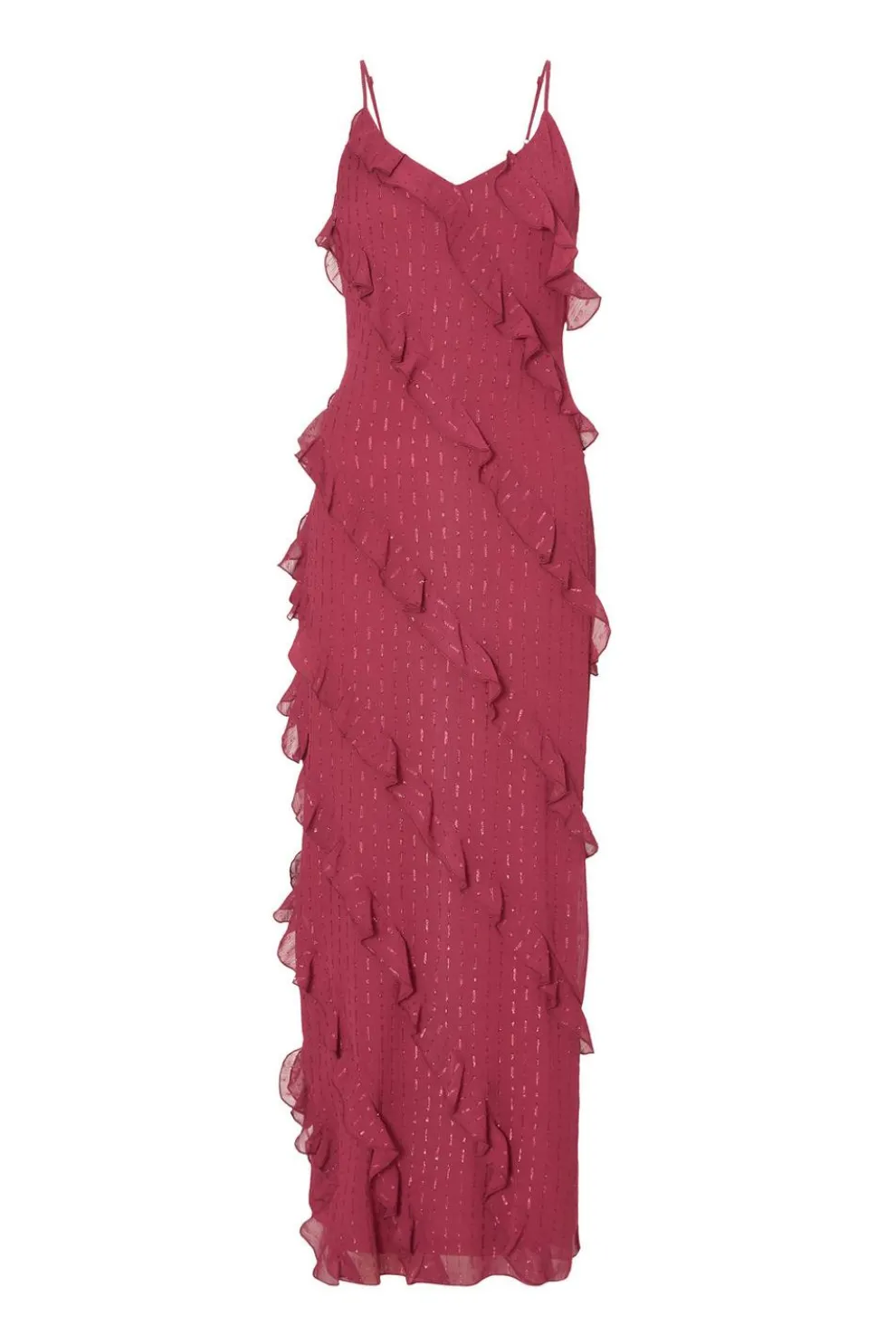 Dark Red Chiffon Ruffle Midaxi Dress