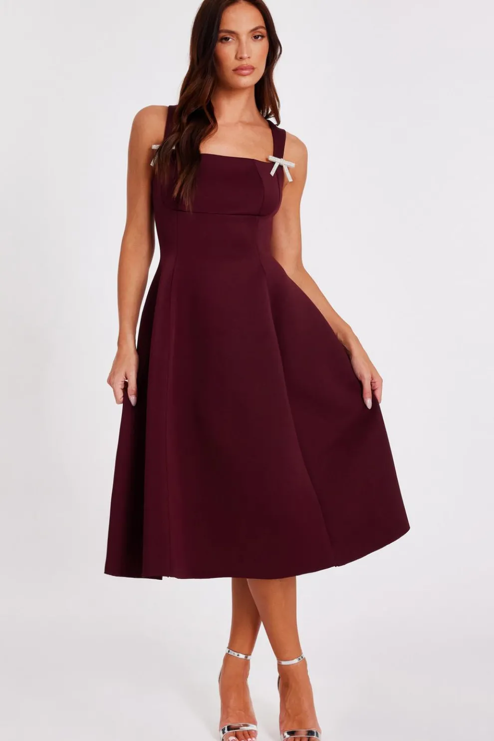 Dark Red Diamante Bow Midi Dress