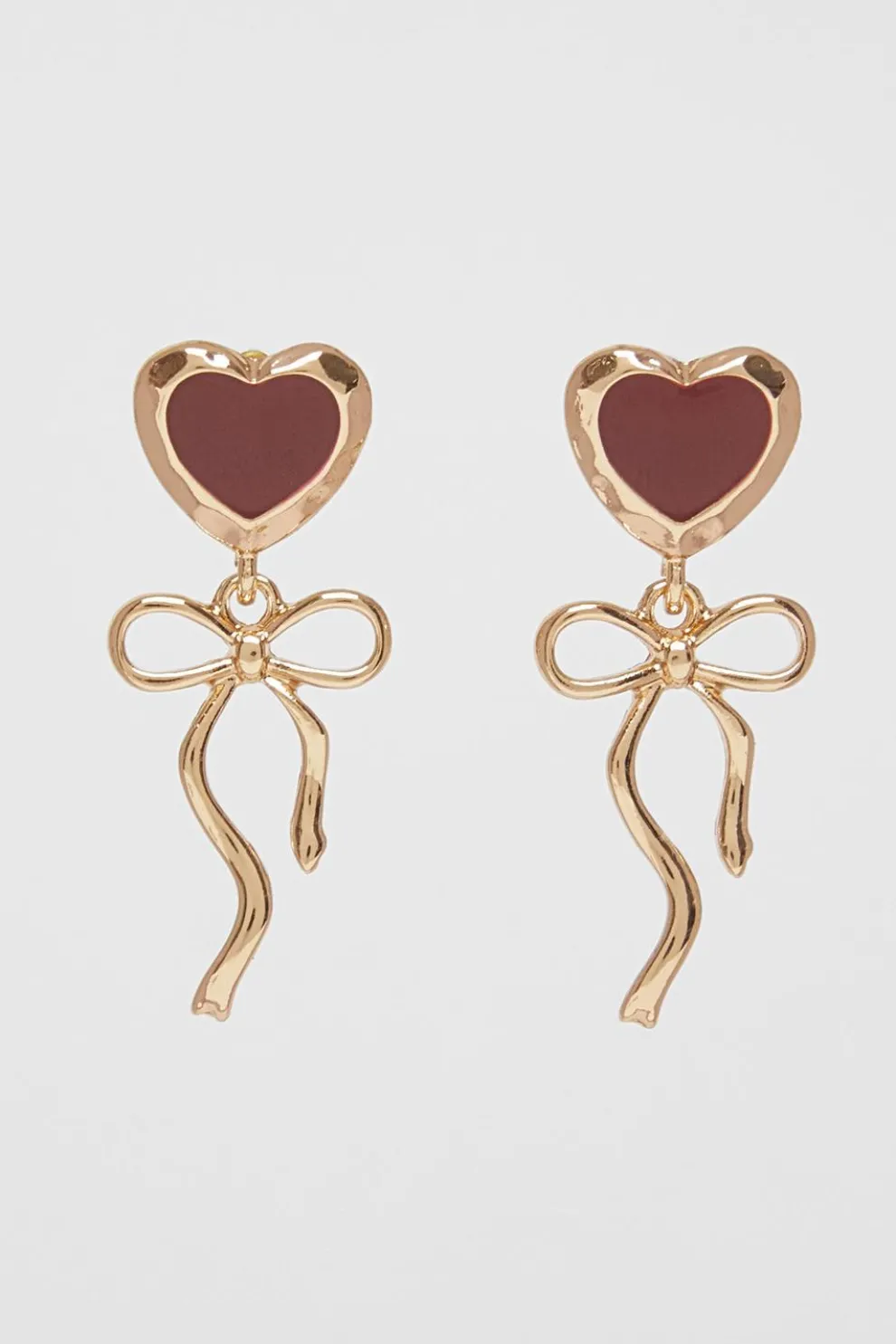 Dark Red Enamel Ribbon Heart Earrings
