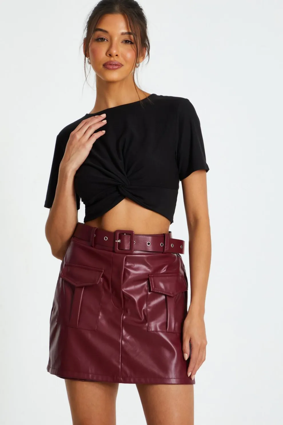 Dark Red Faux Leather Skort