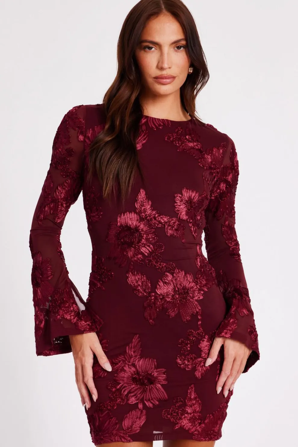 Dark Red Floral Applique Mini Dress