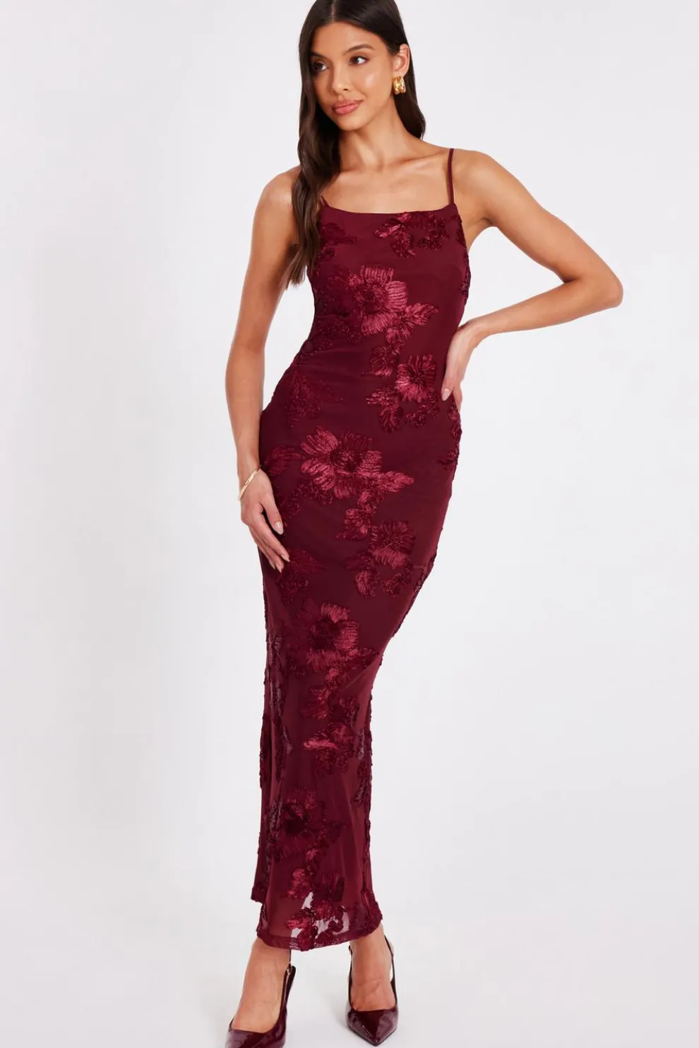 Dark Red Floral Applique Midaxi Dress