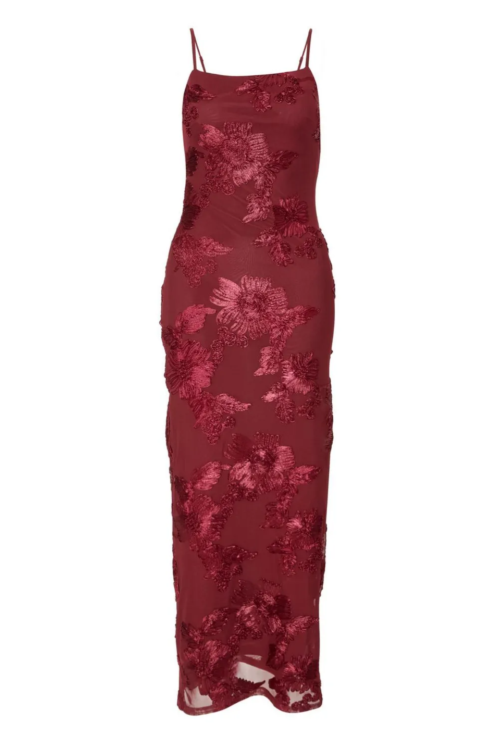 Dark Red Floral Applique Midaxi Dress