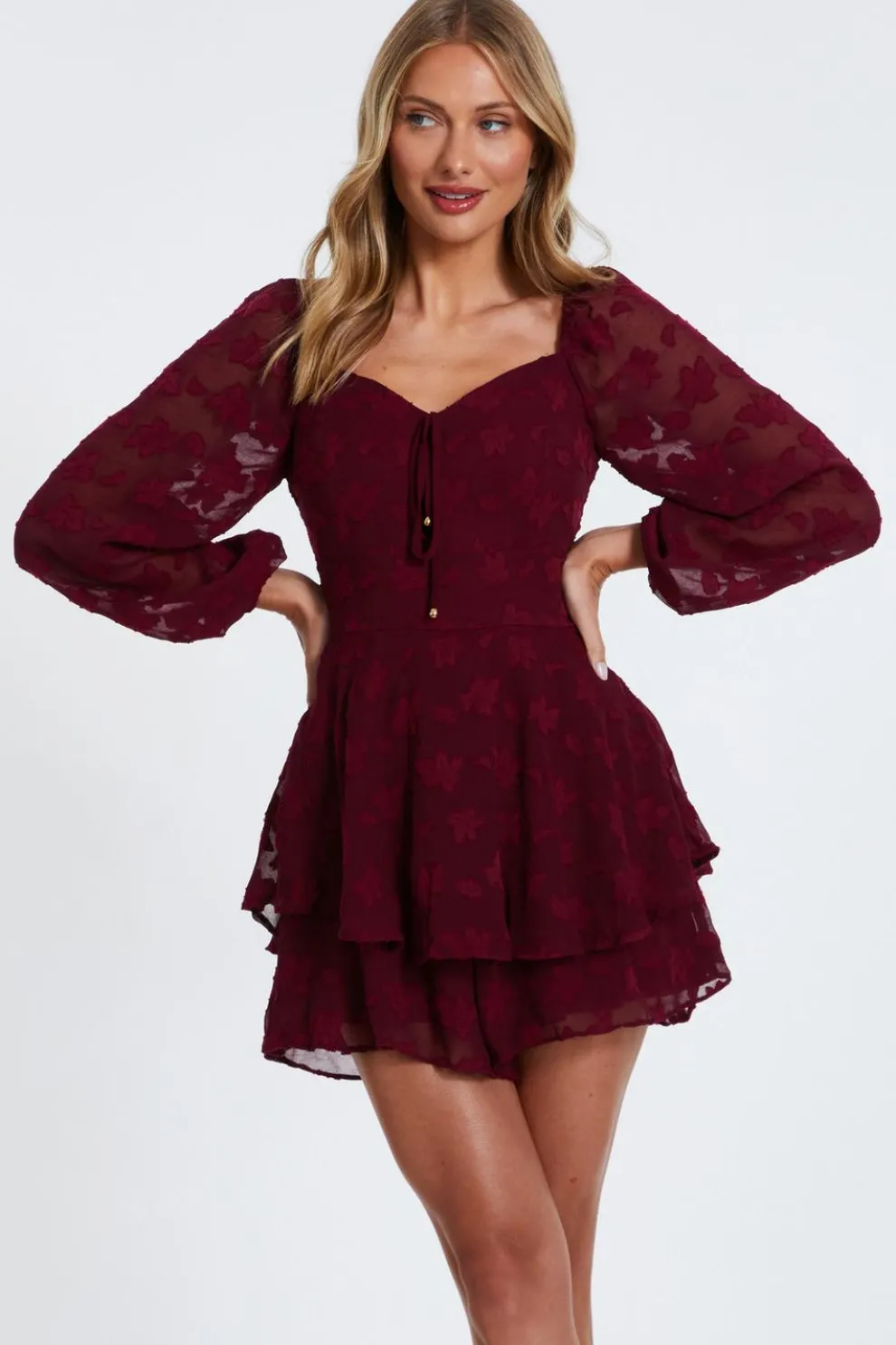 Dark Red Floral Jacquard Tiered Playsuit