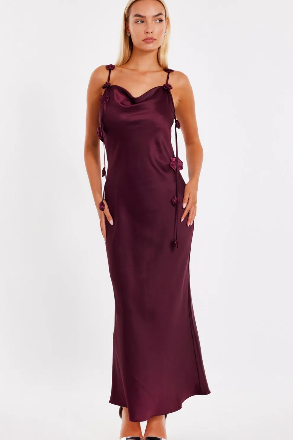 Dark Red Floral Trim Midaxi Dress