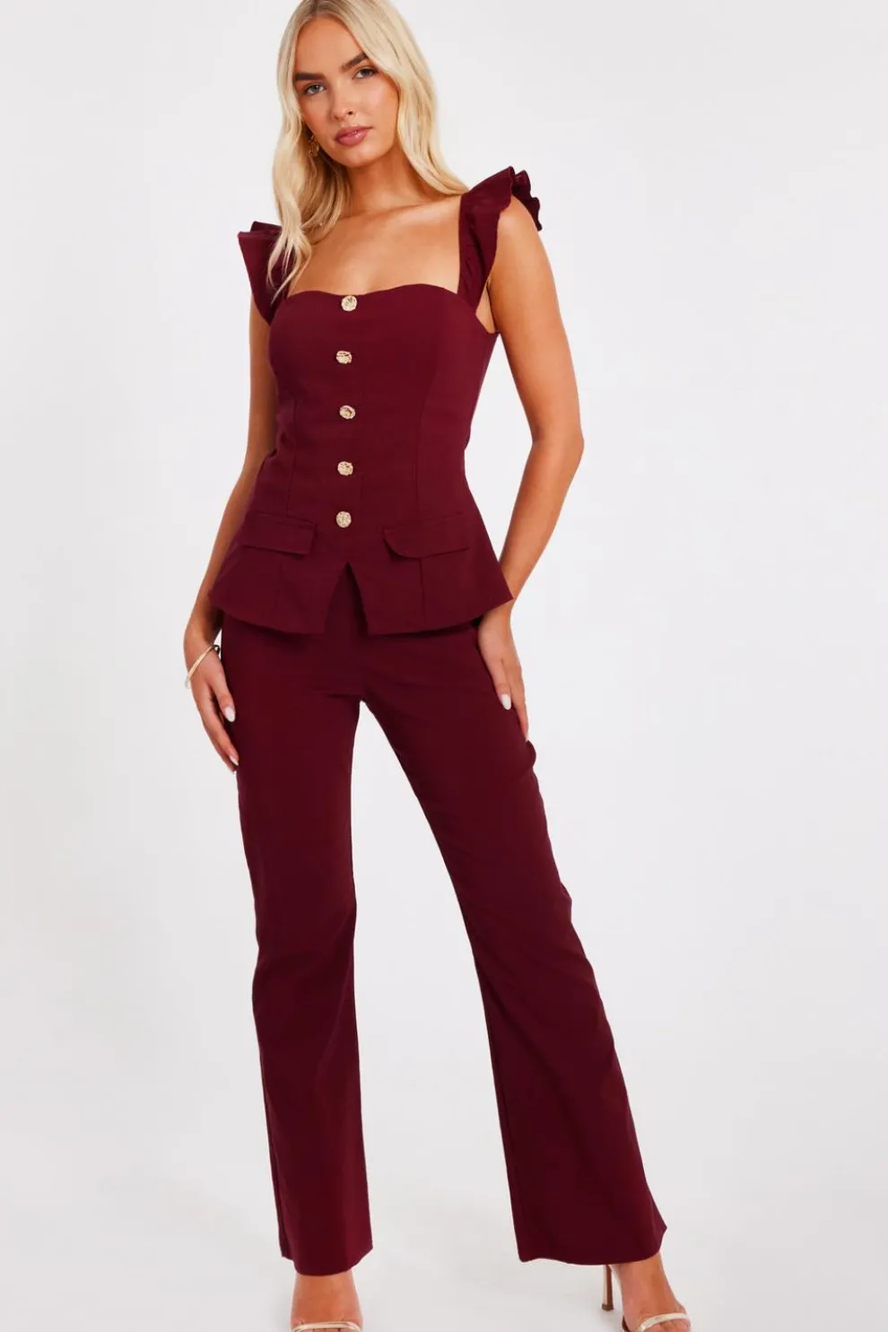 Dark Red Frill Sleeve Jumpsuit