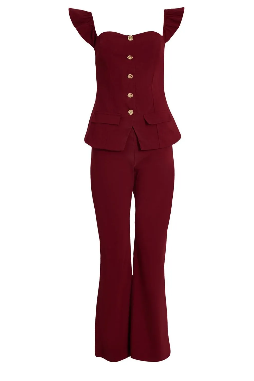 Dark Red Frill Sleeve Jumpsuit