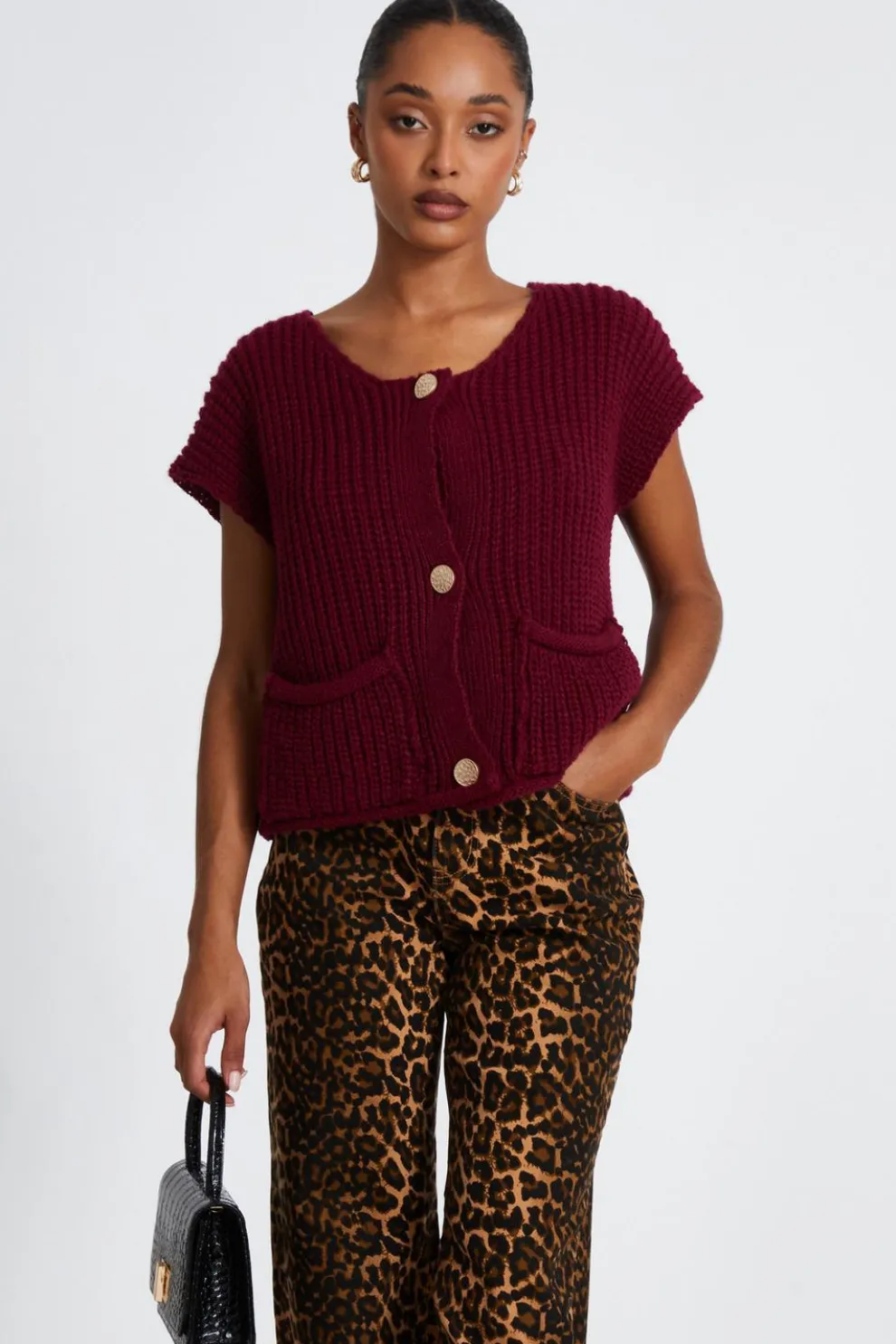 Dark Red Knit Sleeveless Cardigan