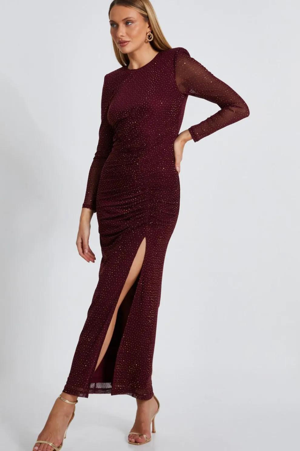 Dark Red Mesh Diamante Midaxi Dress