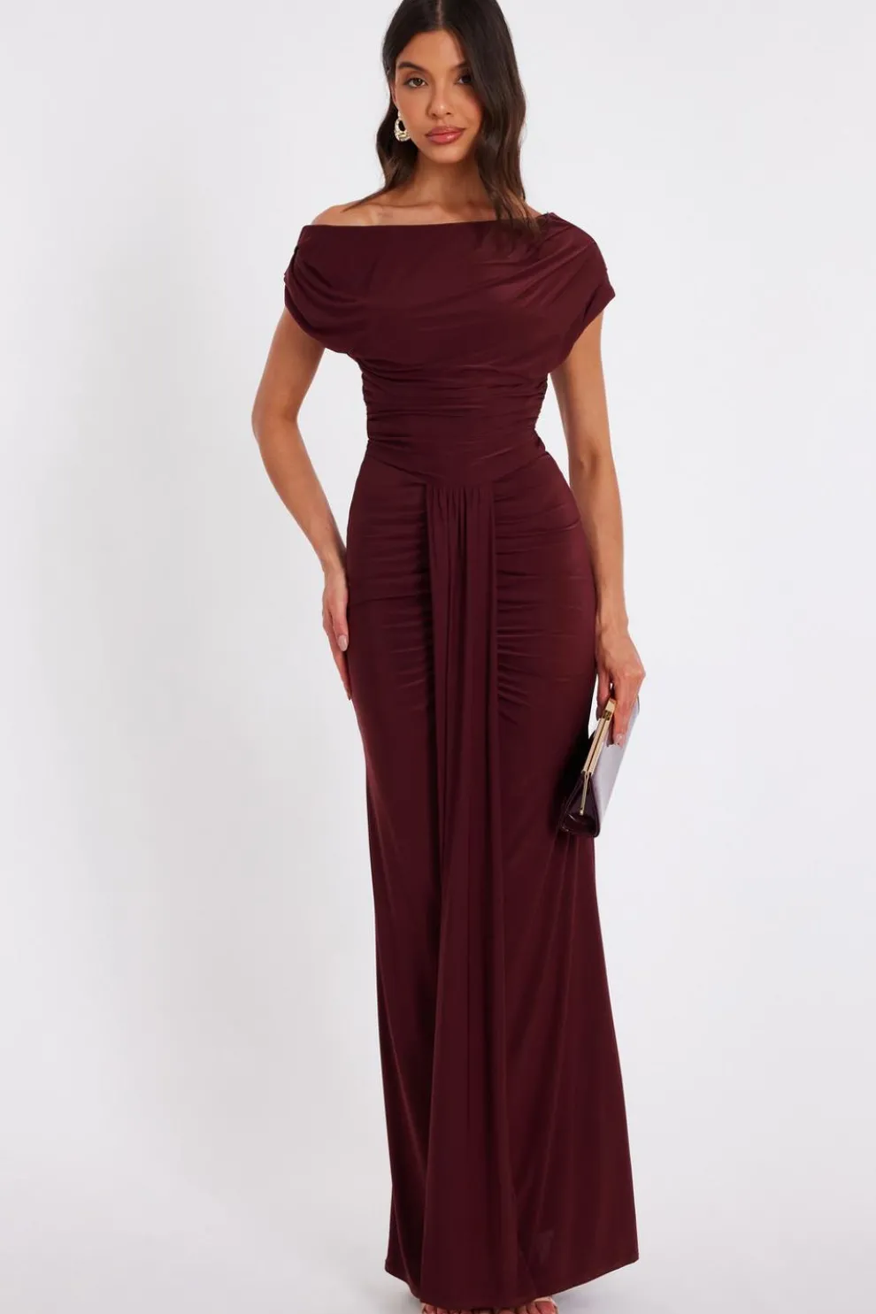 Dark Red Off Shoulder Ruched Maxi Dress