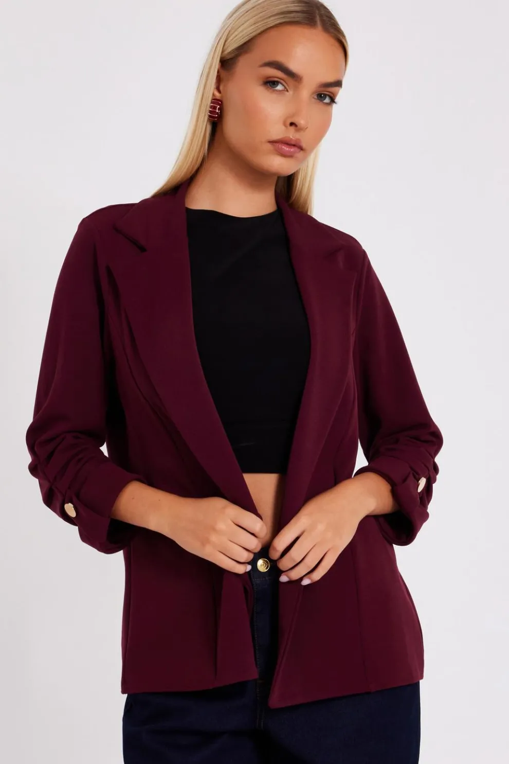 Dark Red Ruched Sleeve Blazer