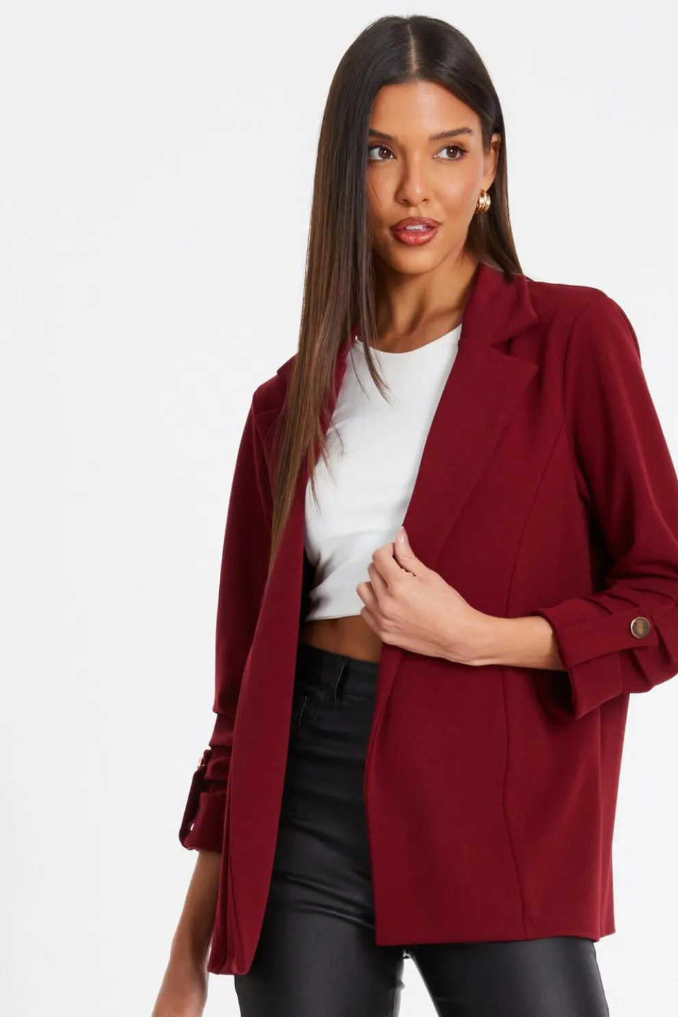 Dark Red Ruched Sleeve Blazer