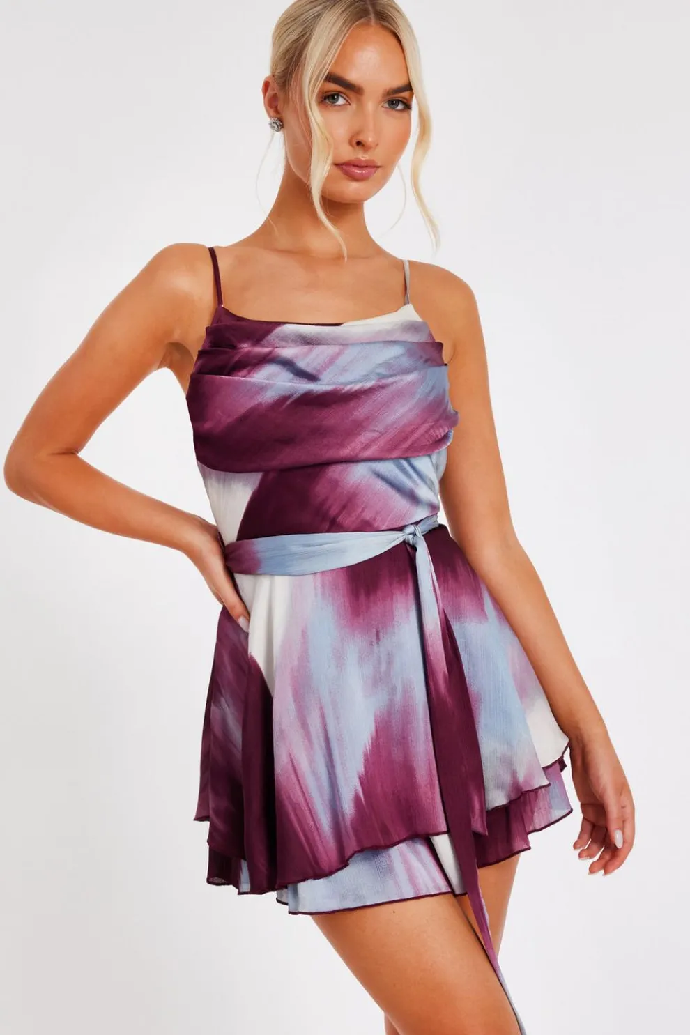 Dark Red Satin Printed Playsuit