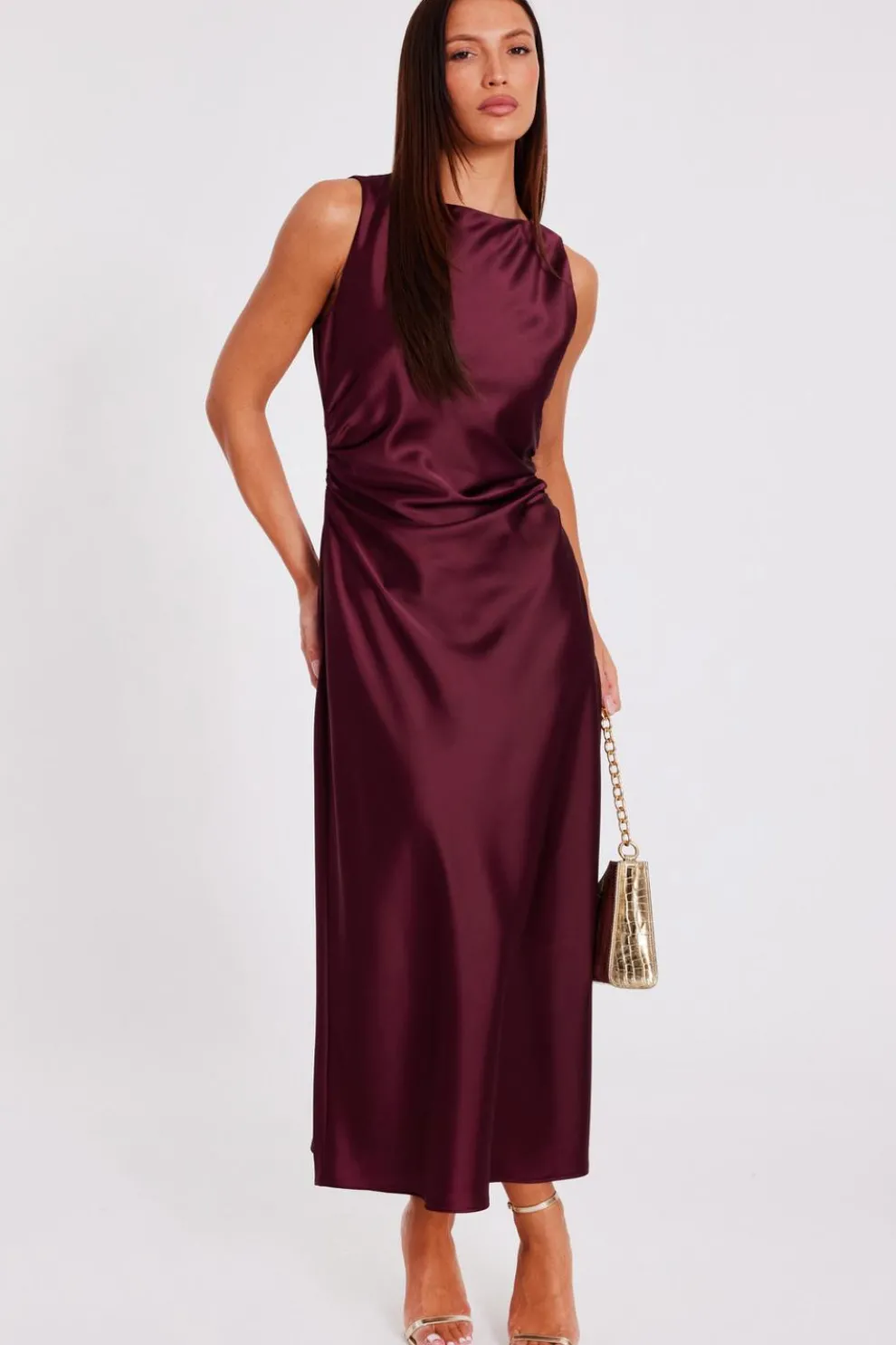 Dark Red Satin Ruched Midaxi Dress