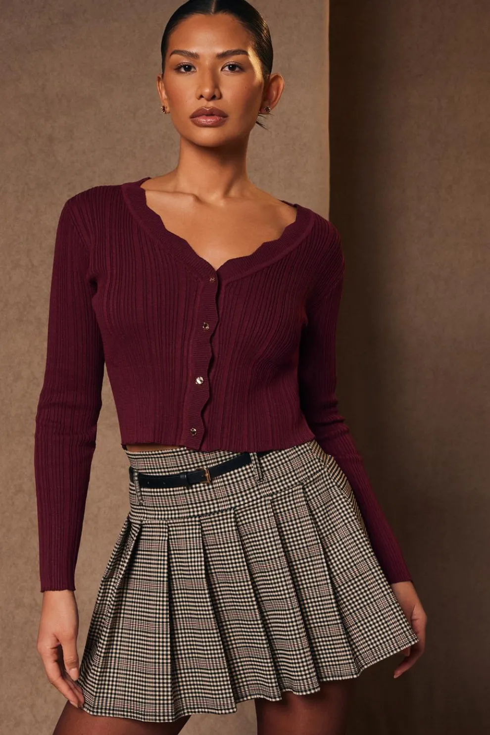 Dark Red Scallop Trim Cardigan