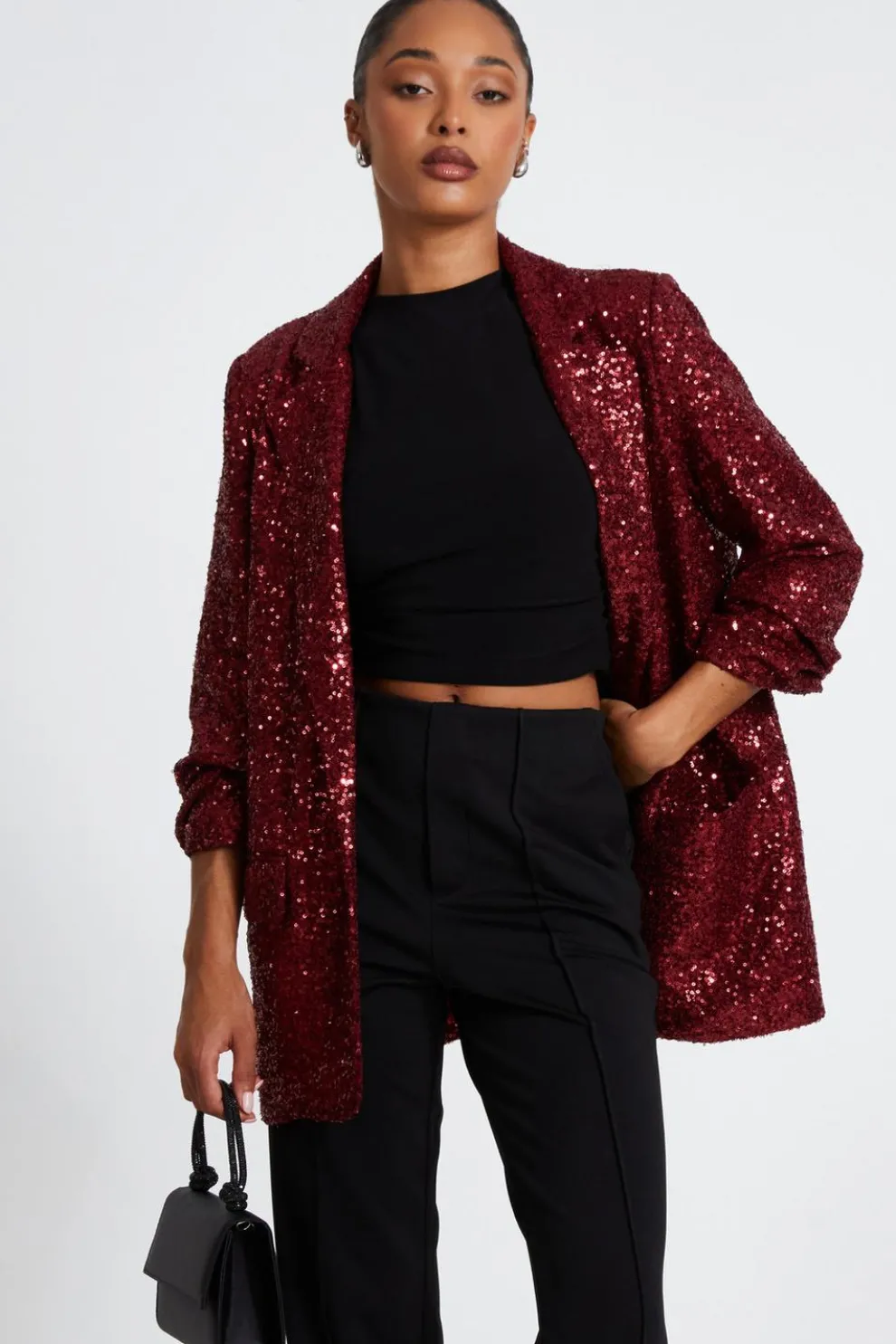 Dark Red Sequin Ruched Blazer