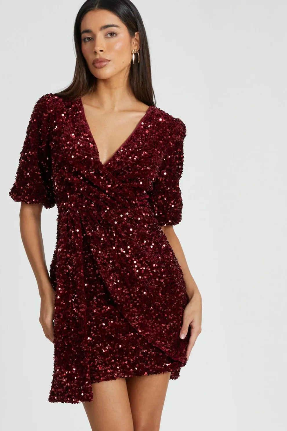 Dark Red Sequin Wrap Mini Dress
