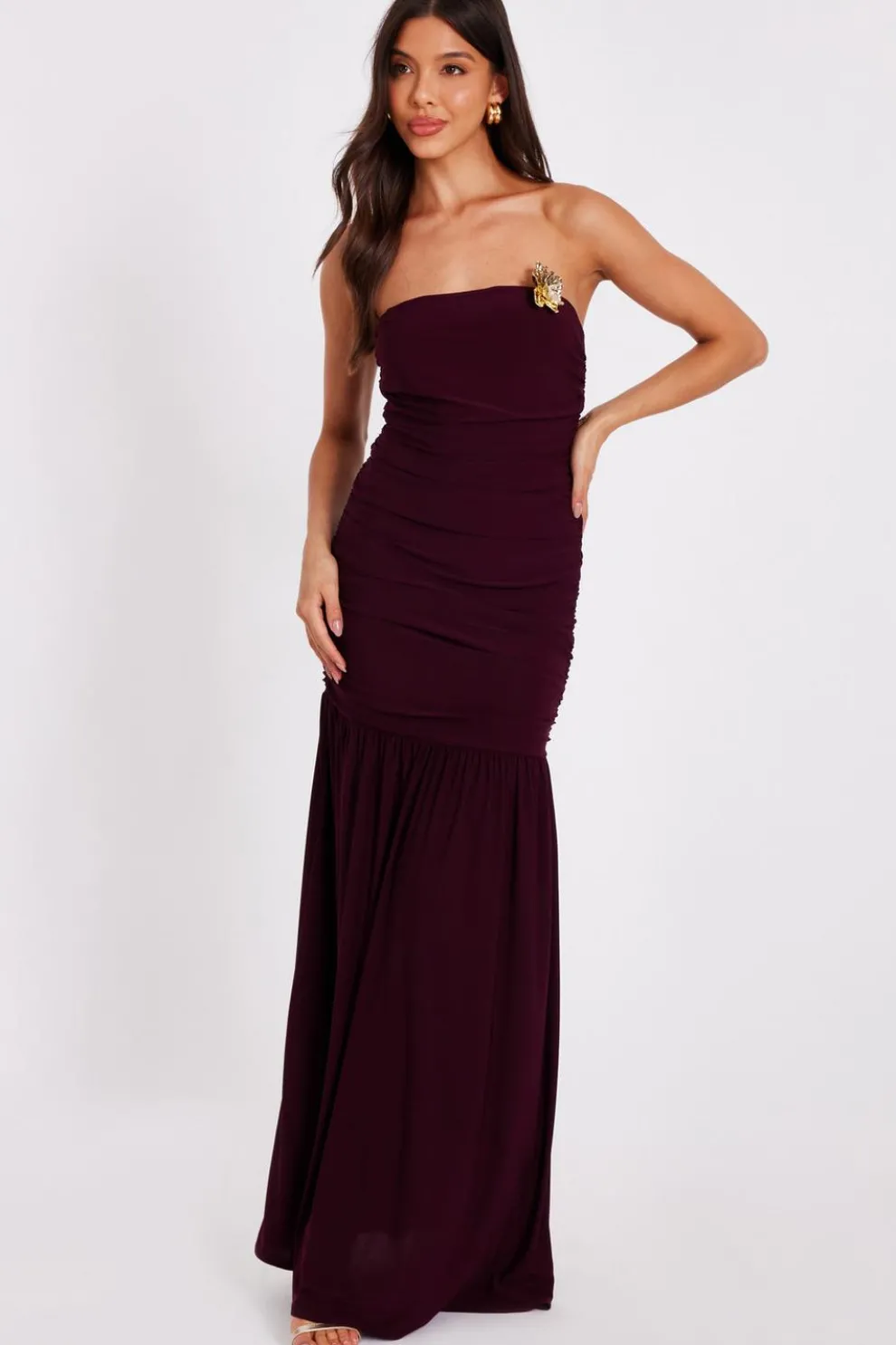 Dark Red Strapless Corsage Maxi Dress