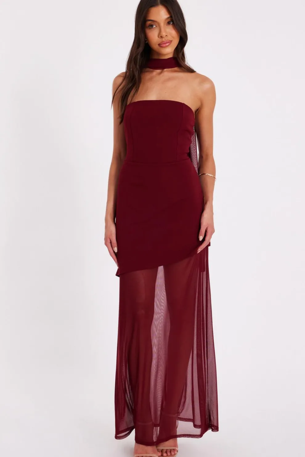 Dark Red Strapless Mesh Hem Maxi Dress