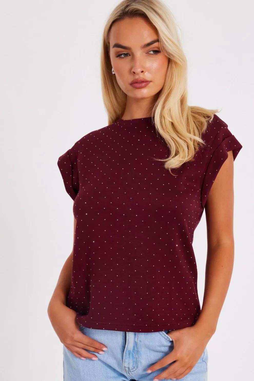 Dark Red Stud Detail Top