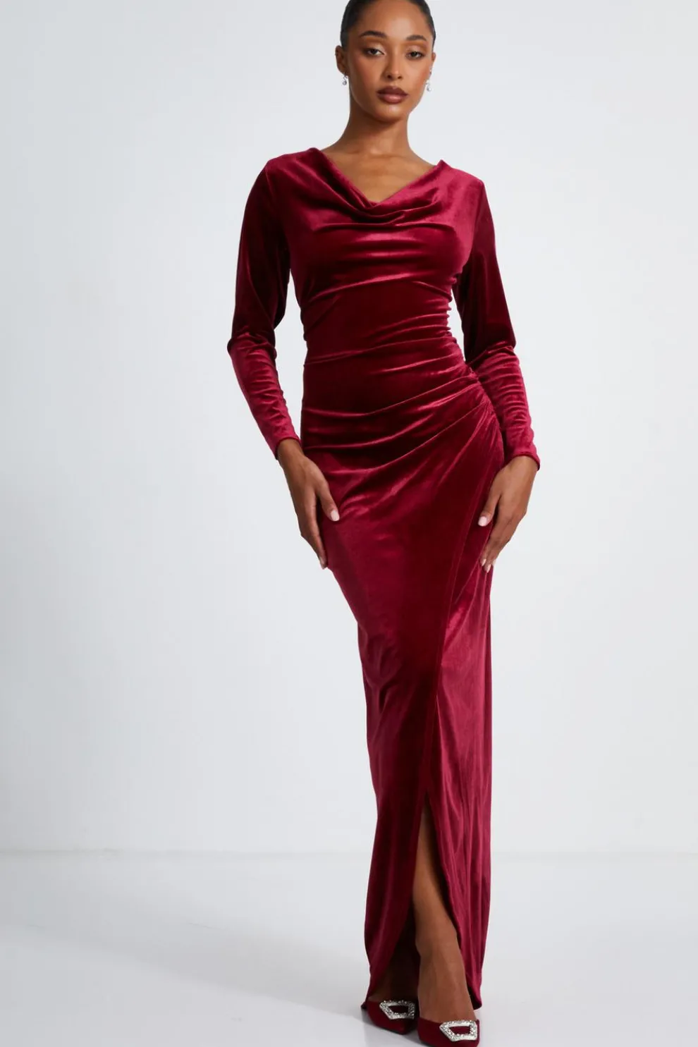 Dark Red Velvet Cowl Neck Maxi Dress