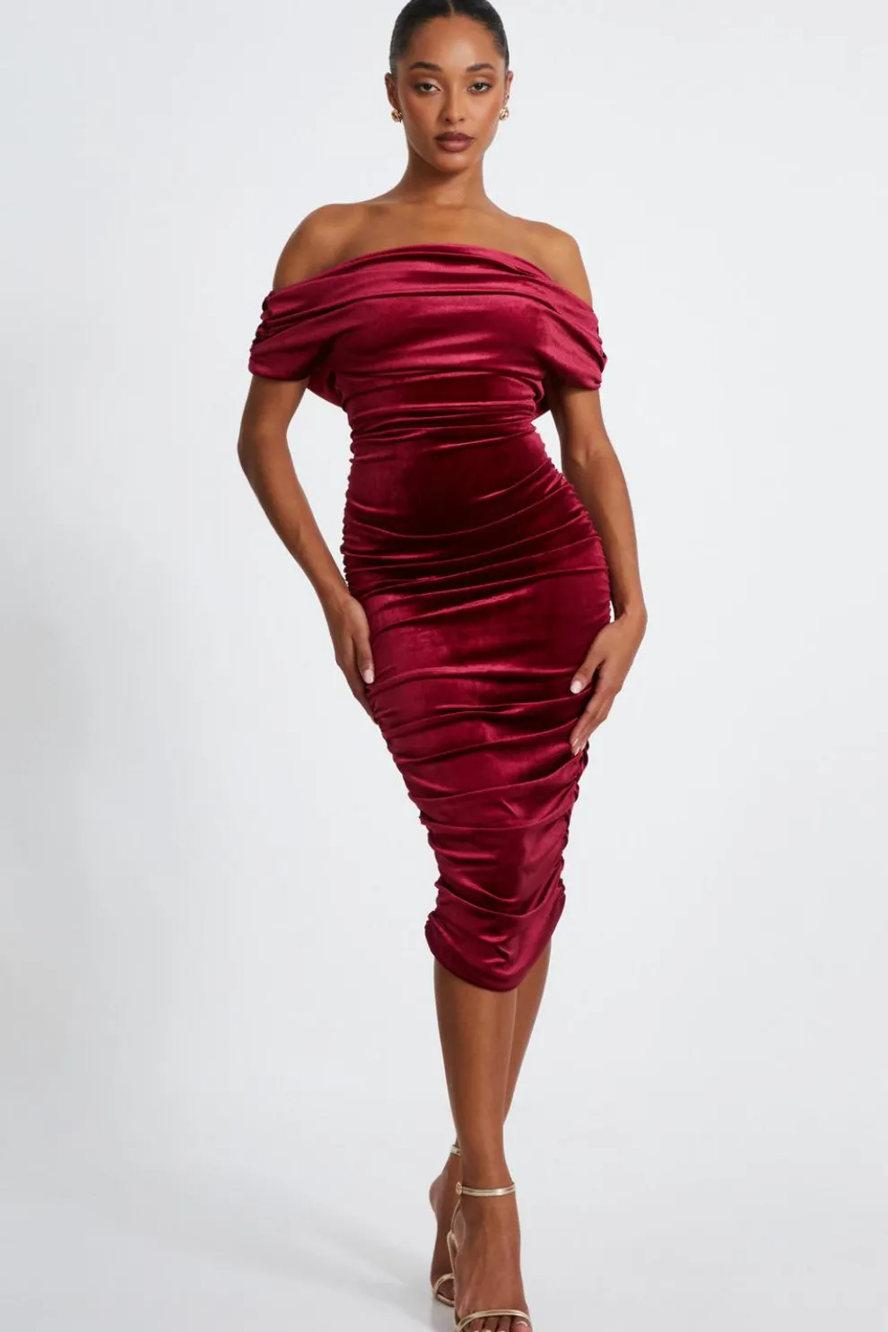 Dark Red Velvet Ruched Midi Dress