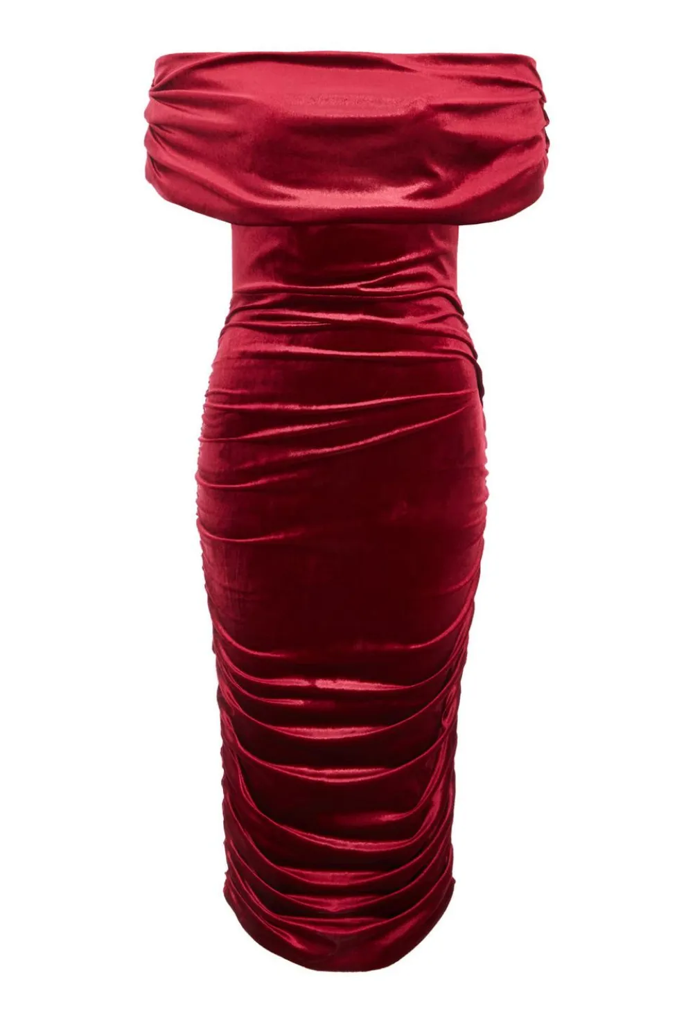 Dark Red Velvet Ruched Midi Dress