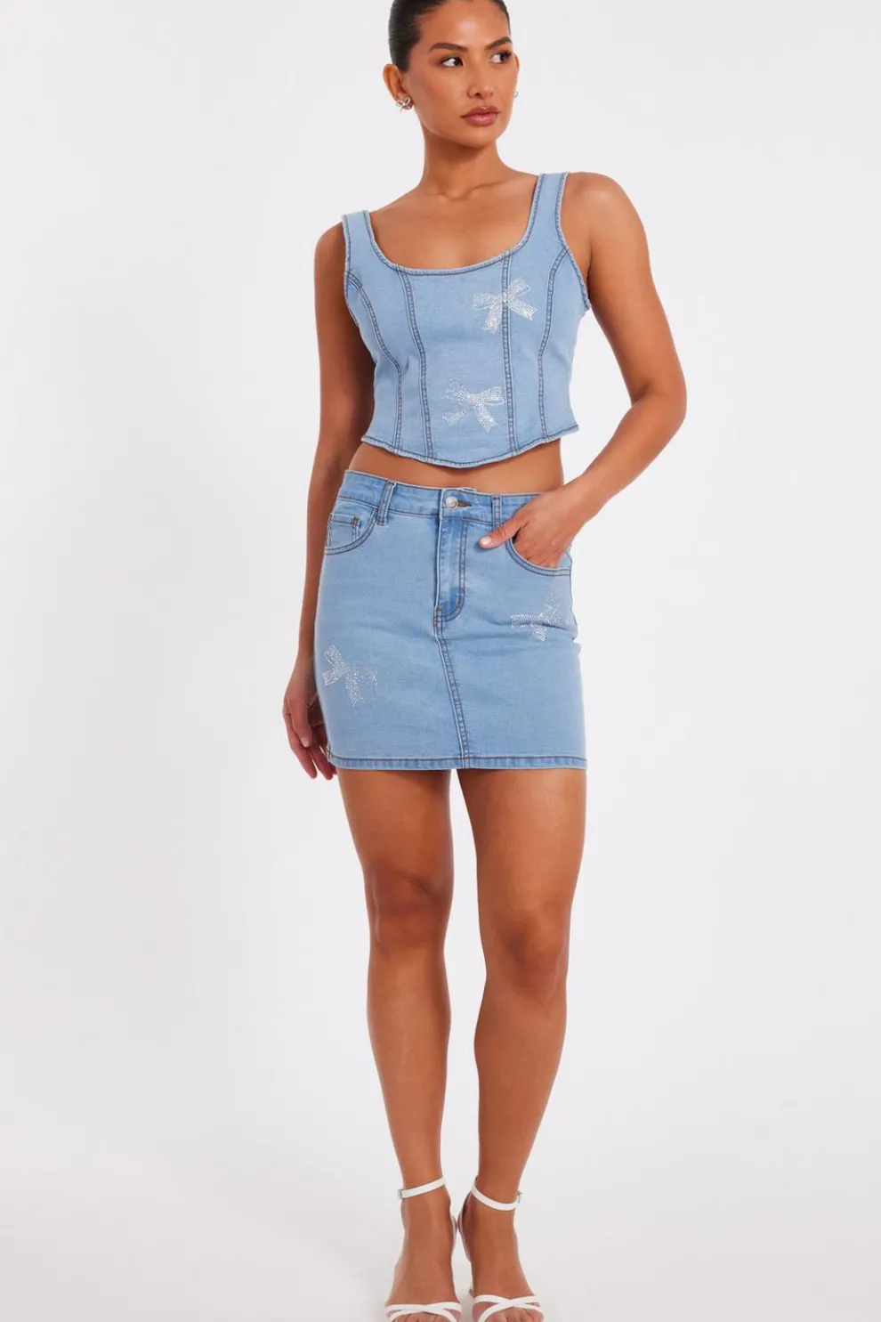 Denim Bow Embellished Skirt