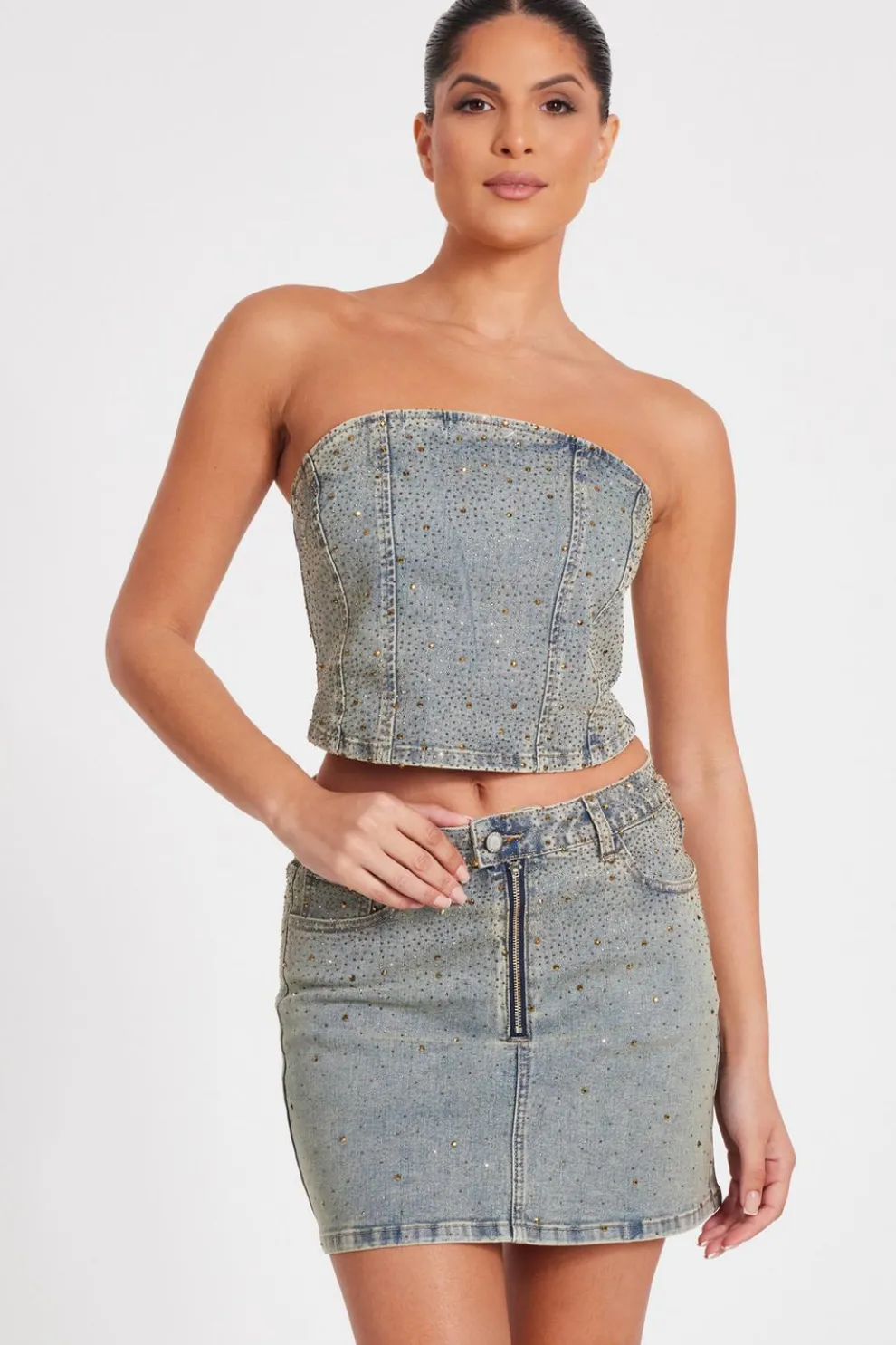 Denim Embellished Bandeau Top