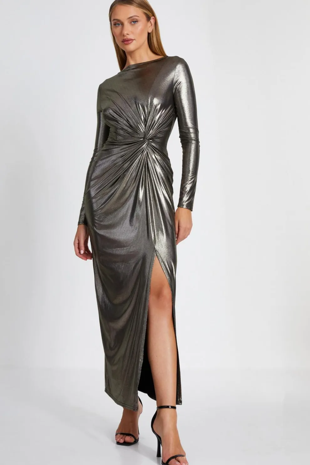 Gold Foil Ruched Maxi Dress