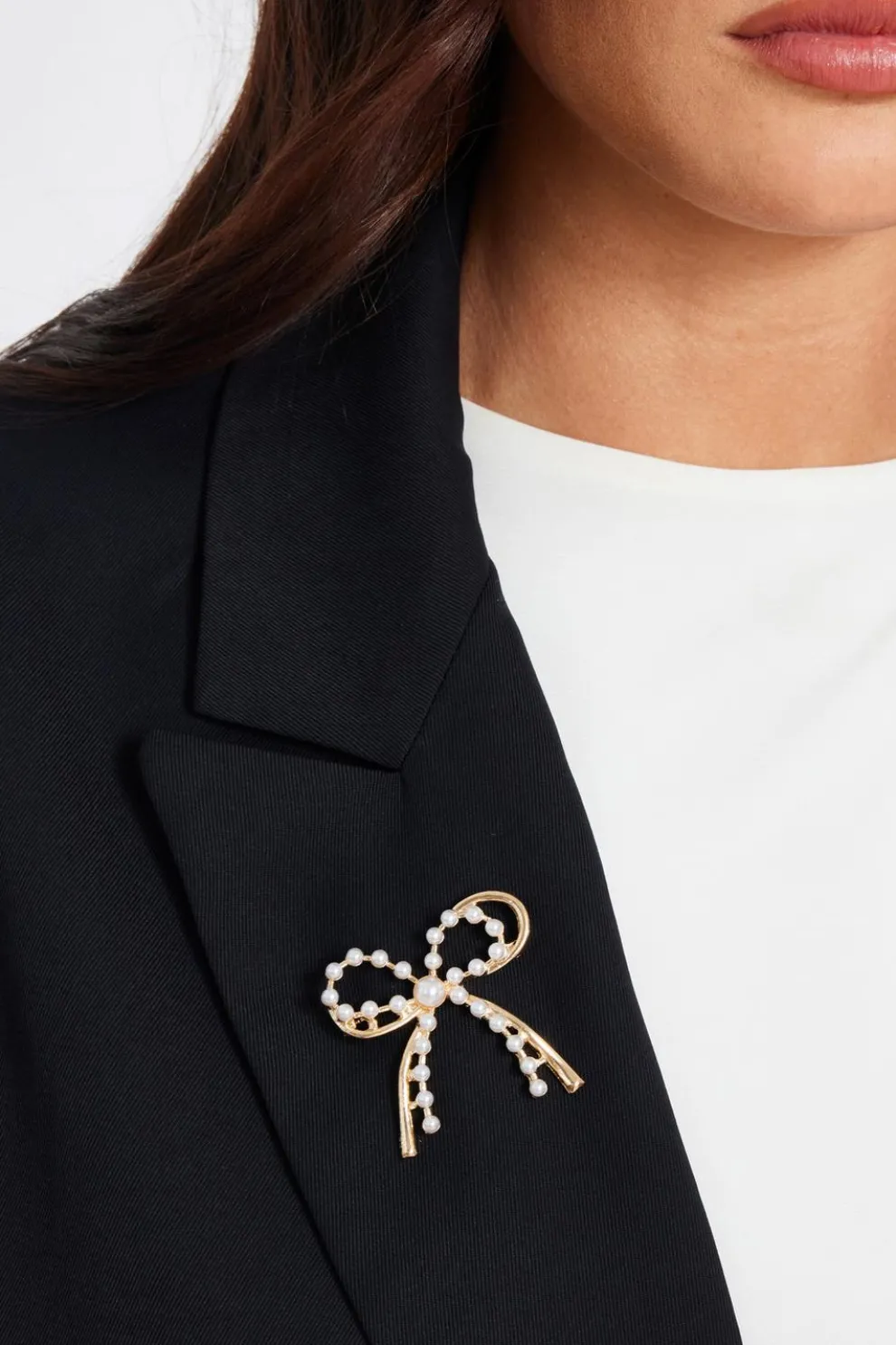 Gold Pearl Bow Brooch