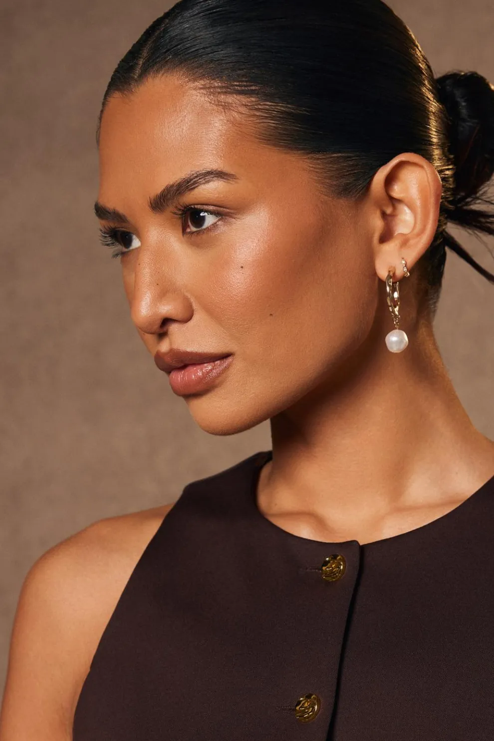 Gold Pearl Textured Hoop Earrings