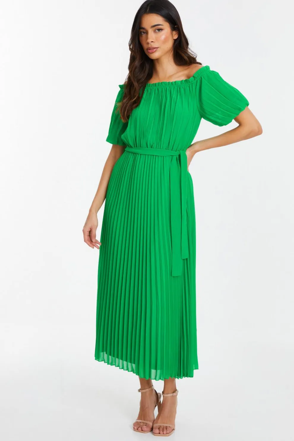 Green Chiffon Pleated Midi Dress