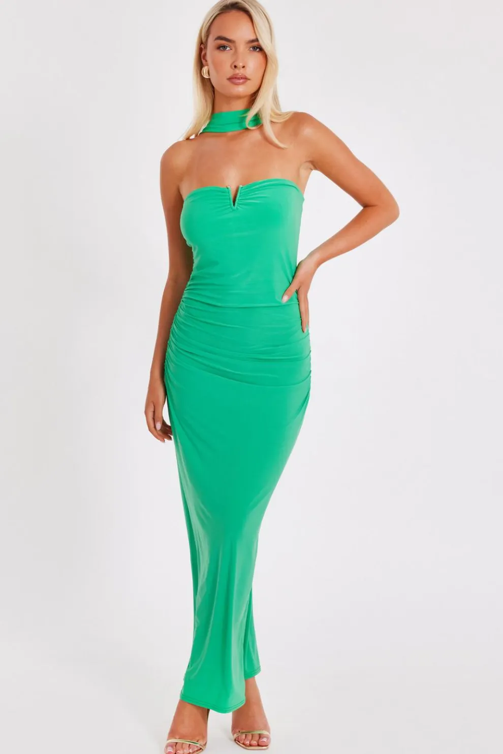 Green Collar Detail Ruched Midaxi Dress