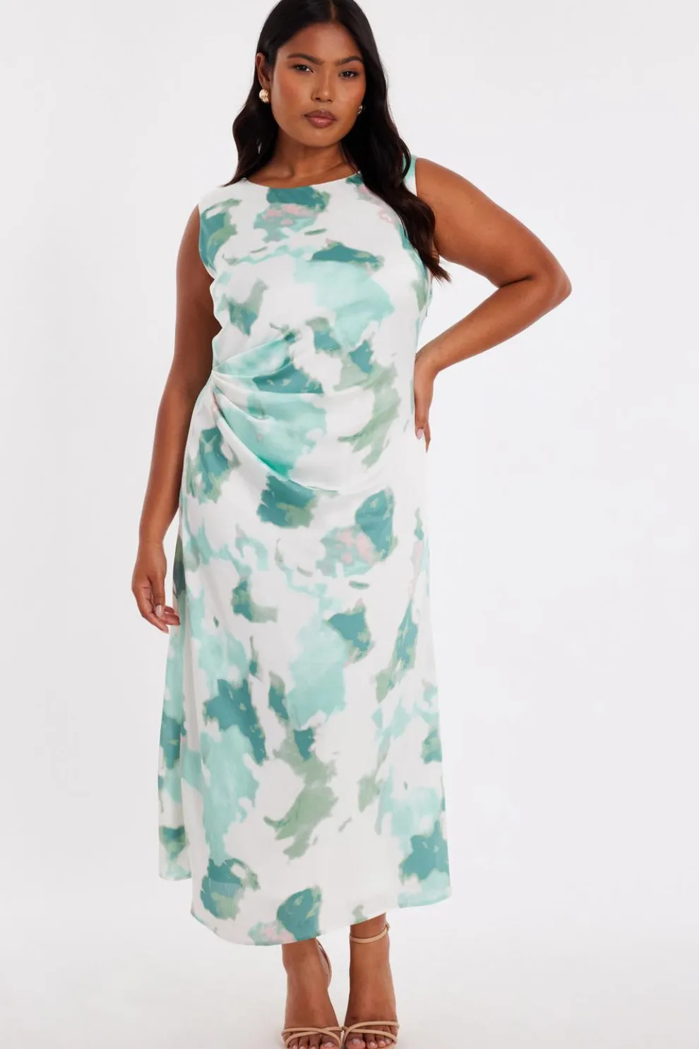 Green Curve Satin Marble Midaxi Dress