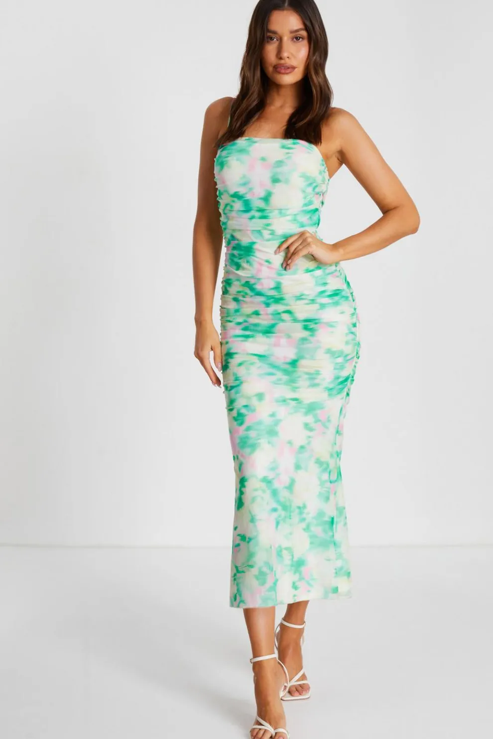 Green Floral Abstract Mesh Midi Dress