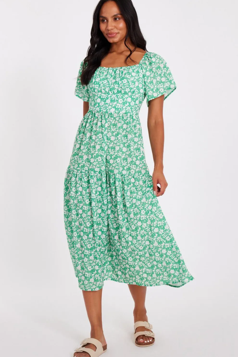 Green Floral Print Midi Dress